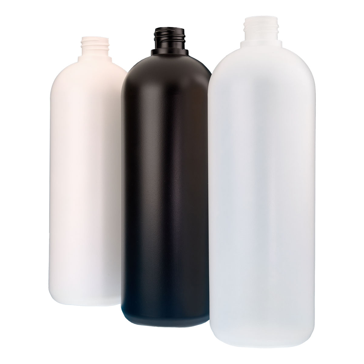 1 Litre Tall Boston Bottles in Natural, Black, and White